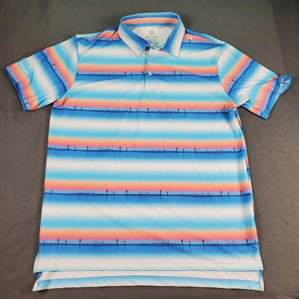 Scales Mens Performance Polo Shirt Large Blue Sunset Nautical Fishing Short Slv